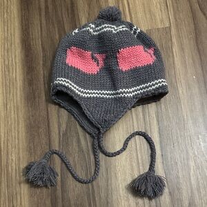 Gray Knit Earflap Hat with Pink Whale Motif